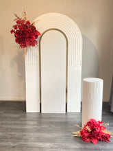 Load image into Gallery viewer, Package hire includes 1 backdrop + 2 flowers + 1 ripple plinth