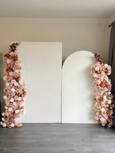 Load image into Gallery viewer, Package Hire includes 2 MDF Wooden backdrops + 3 plinths + 2 faux flowers +draping