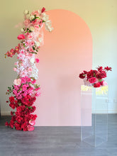 Load image into Gallery viewer, Package Hire includes 1 wooden backdrop 2.15m H x 1.2m W +1 plinth + 2 flowers