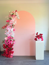 Load image into Gallery viewer, Package Hire includes 1 wooden backdrop 2.15m H x 1.2m W +1 plinth + 2 flowers