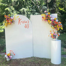 Load image into Gallery viewer, Package hire includes 2 big Mdf wooden backdrops 2m H x 1.2m W each + 1 plinth + 4 flowers (not include sticker)