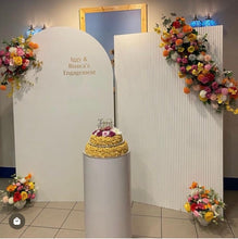 Load image into Gallery viewer, Package hire includes 2 big Mdf wooden backdrops 2m H x 1.2m W each + 1 plinth + 4 flowers (not include sticker)