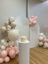 Load image into Gallery viewer, Package Hire includes 2 backdrops 2.15m-1.8m H x 1-1.2m W +1 ripple plinth (no balloons)