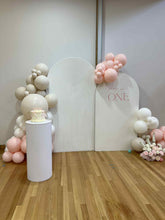 Load image into Gallery viewer, Package Hire includes 2 backdrops 2.15m-1.8m H x 1-1.2m W  +1 ripple plinth (no balloons)
