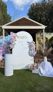 Package includes 1 backdrop 2.15mH x 1.2mW +1 ripple plinth +2 flowers (no balloons & decals)