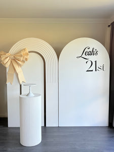 2 MDF Wooden backdrops + Ripple plinth + Bow, 2.15m H x 1.2m W each
