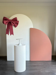 2 Wooden backdrops + 1 ripple plinth + Teddy + Bow, size 2.15mH x 1.2mW & 1.6mH x 1mW