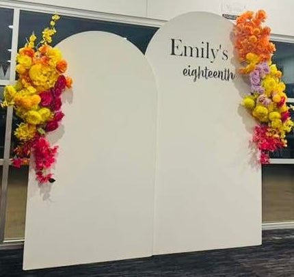 Package Hire includes 2 wooden backdrops 2.15m - 1.8mH x 1.2m - 1mW + flowers (no decal)