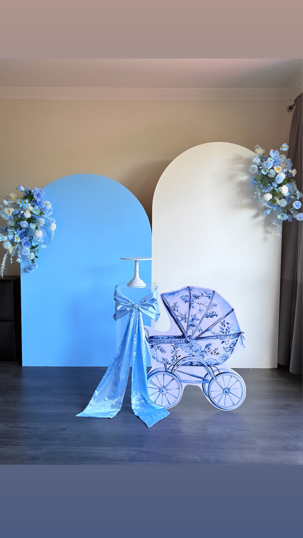Package Hire includes 2 backdrops 2.15m-1.8m H x 1.2mW each + 1 plinth + 2 flowers +1bow +1 stroller foam board