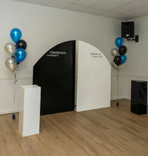Load image into Gallery viewer, Package Hire includes 2 MDF Wooden backdrops 2m H x 1.2m W each + 2 plinths (no decals &amp; balloons)
