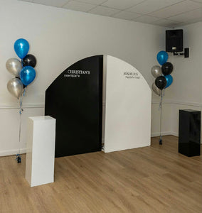 Package Hire includes 2 MDF Wooden backdrops 2m H x 1.2m W each + 2 plinths (no decals & balloons)