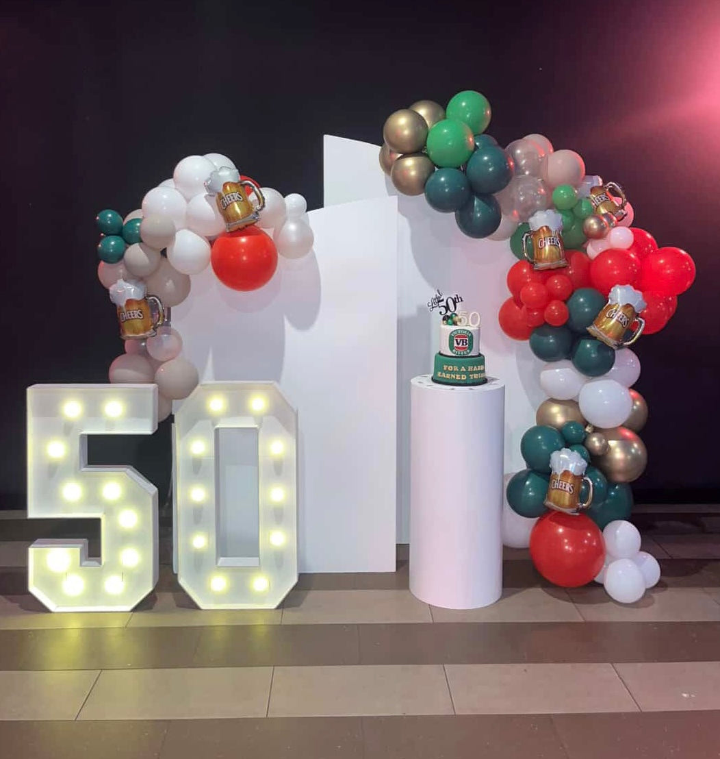 Package Hire includes 2 backdrops 2-1.6mH x 1-1.2m W + 1 plinth + numbers (no balloons)