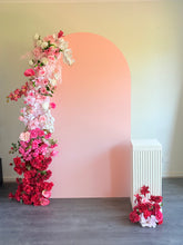 Load image into Gallery viewer, Package Hire includes 1 wooden backdrop 2.15m H x 1.2m W +1 plinth + 2 flowers
