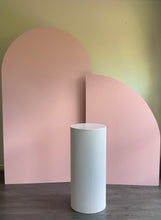 Load image into Gallery viewer, Package Hire includes 2 MDF Wooden backdrops 2.15m-1.6mH x 1-1.2mW each + 1 ripple plinth
