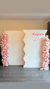 Package Hire includes 2 MDF Wooden backdrops 2m H x 1.2m W each + 2 flowers (no decal)