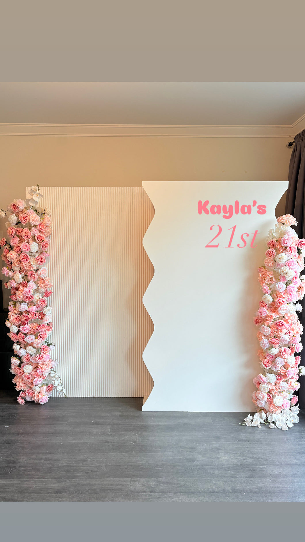 Package Hire includes 2 MDF Wooden backdrops 2m H x 1.2m W each + 2 flowers (no decal)