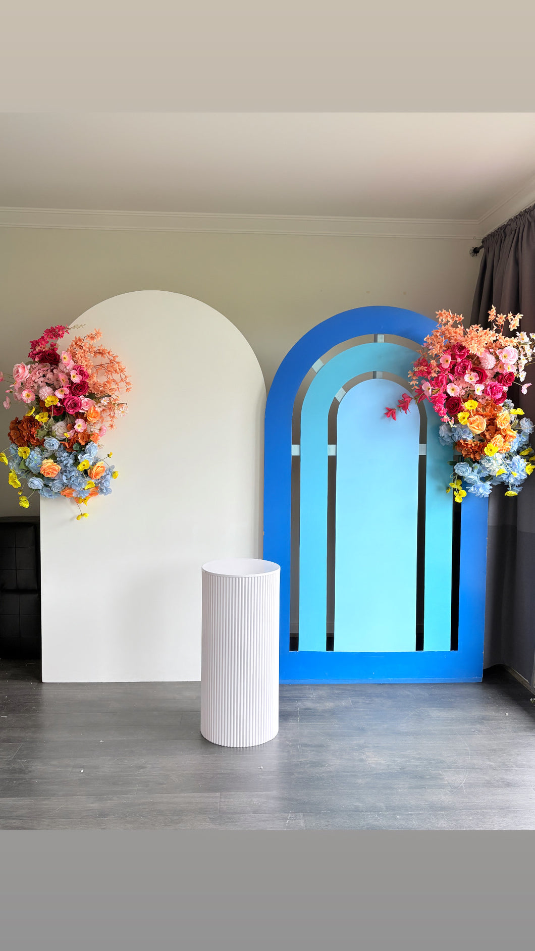 Package Hire includes 2 MDF Wooden backdrops 2m H x 1.2m W each + 2 flowers