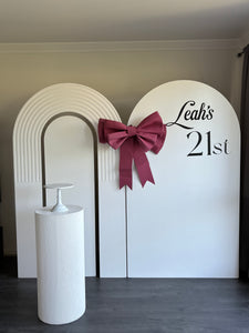 2 MDF Wooden backdrops + Ripple plinth + Bow, 2.15m H x 1.2m W each