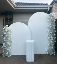 Load image into Gallery viewer, Mdf wooden backdrop 2m h x 1.2m w &amp; 1.8 h x 1m w + 1 plinth + 2 flowers 1.4m &amp; 2m h
