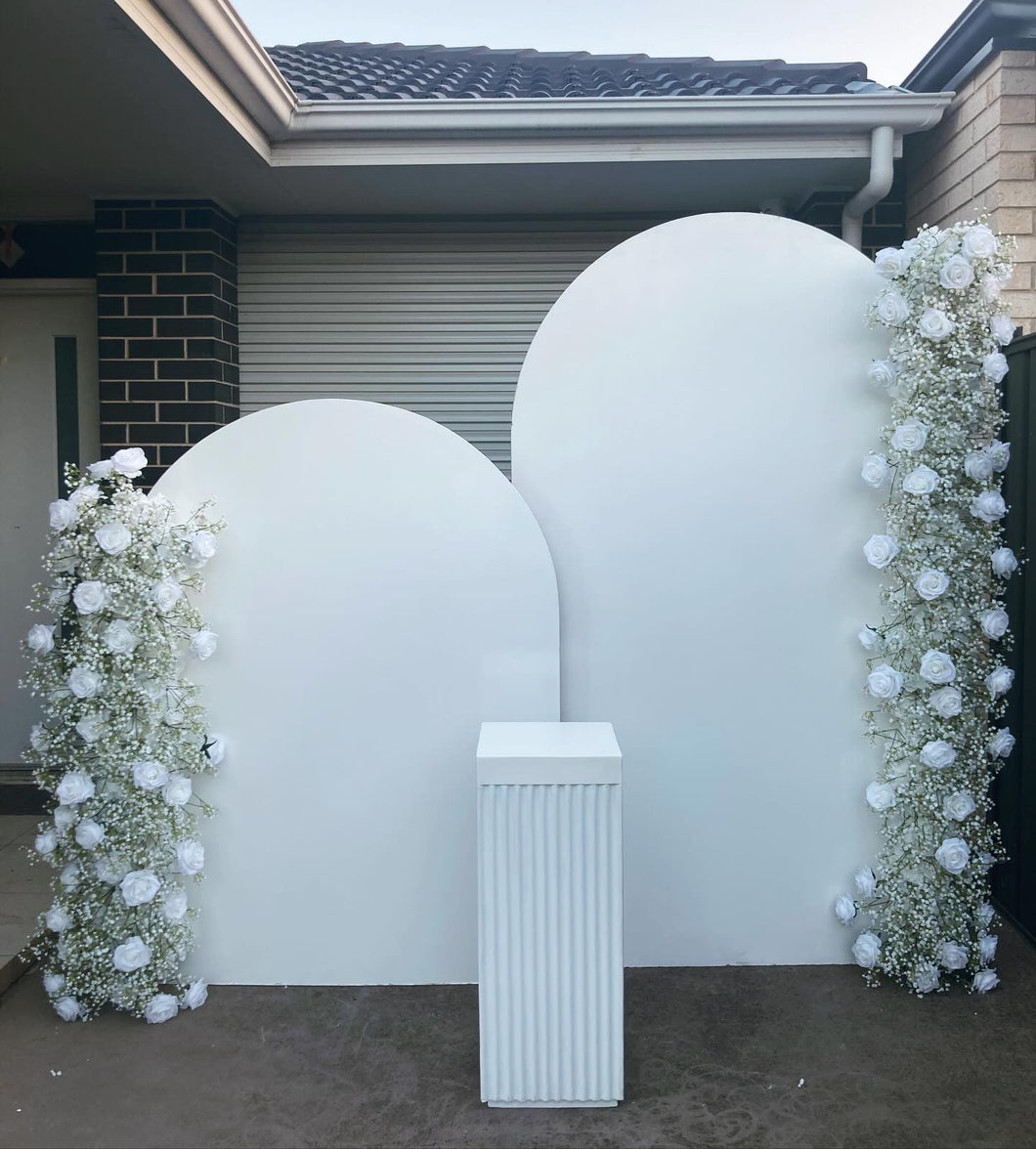 Mdf wooden backdrop 2m h x 1.2m w & 1.8 h x 1m w + 1 plinth + 2 flowers 1.4m & 2m h