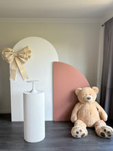 Load image into Gallery viewer, 2 Wooden backdrops + 1 ripple plinth + Teddy + Bow, size 2.15mH x 1.2mW &amp; 1.6mH x 1mW
