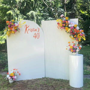 Package hire includes 2 big Mdf wooden backdrops 2m H x 1.2m W each + 1 plinth + 4 flowers (not include sticker)