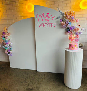 Package Hire includes 2 flowers+ 2 backdrops 2mH x 1.2m w & 1.6mH x 1mW + 1 ripple plinth