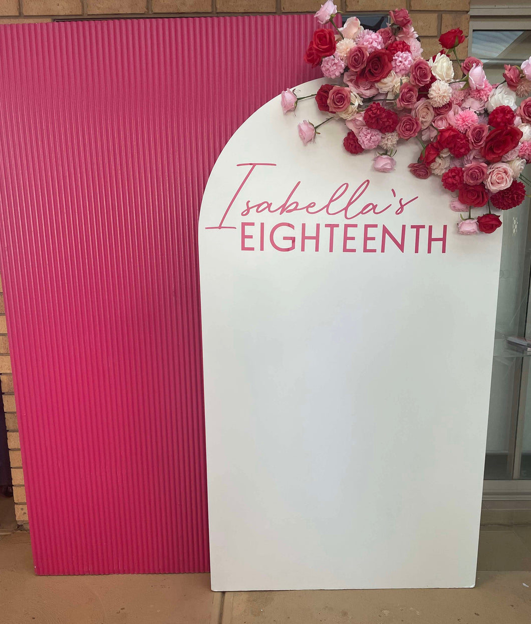 Package Hire includes 2 wooden backdrops 2m- 1.8mH x 1.2m - 1mW + flowers (no decal)