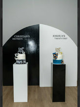 Load image into Gallery viewer, Package Hire includes 2 MDF Wooden backdrops 2m H x 1.2m W each + 2 plinths (no decals &amp; balloons)
