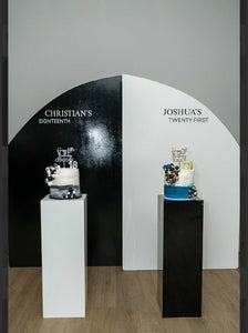 Package Hire includes 2 MDF Wooden backdrops 2m H x 1.2m W each + 2 plinths (no decals & balloons)