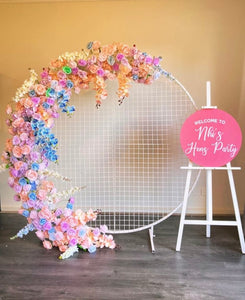 Package Hire includes Mesh backdrop + flowers (not include welcome sign)