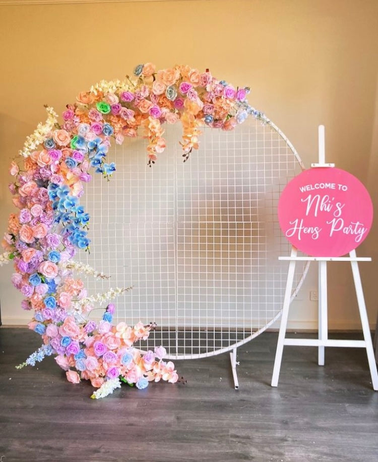 Package Hire includes Mesh backdrop + flowers (not include welcome sign)