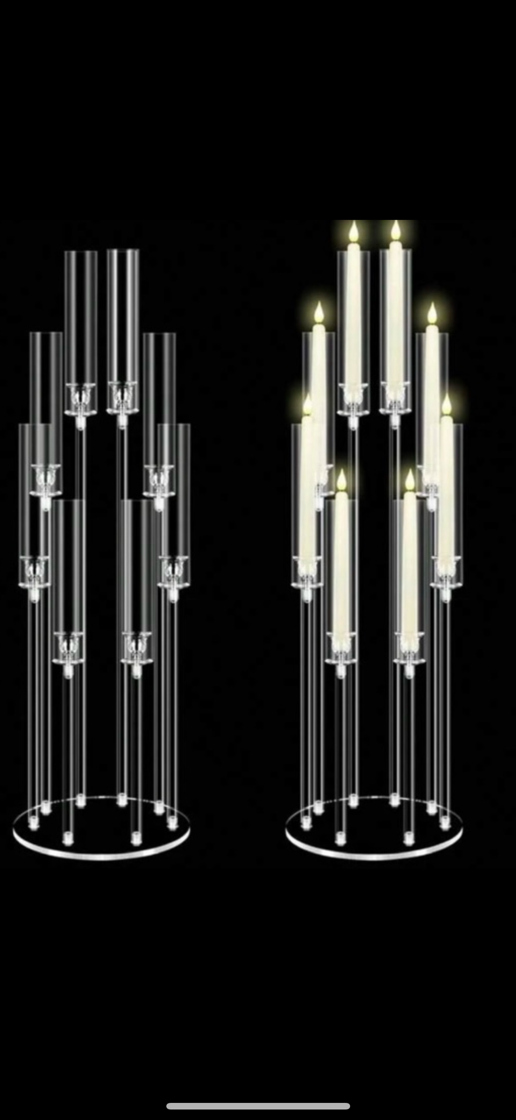 8 arms Clear Acrylic candle holder, 98cm H include led candles & batteries