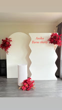 Load image into Gallery viewer, Package Hire includes 2 MDF Wooden backdrops 2.15-2m H x 1.2m W each +3 flowers +1 plinth
