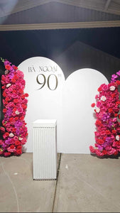 Package Hire includes 2 MDF Wooden backdrops + 1 plinth + 2 flowers