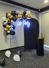 Load image into Gallery viewer, Package hire Mesh + Black cover Backdrop +1 plinth+ neon sign (not included balloons garland)

