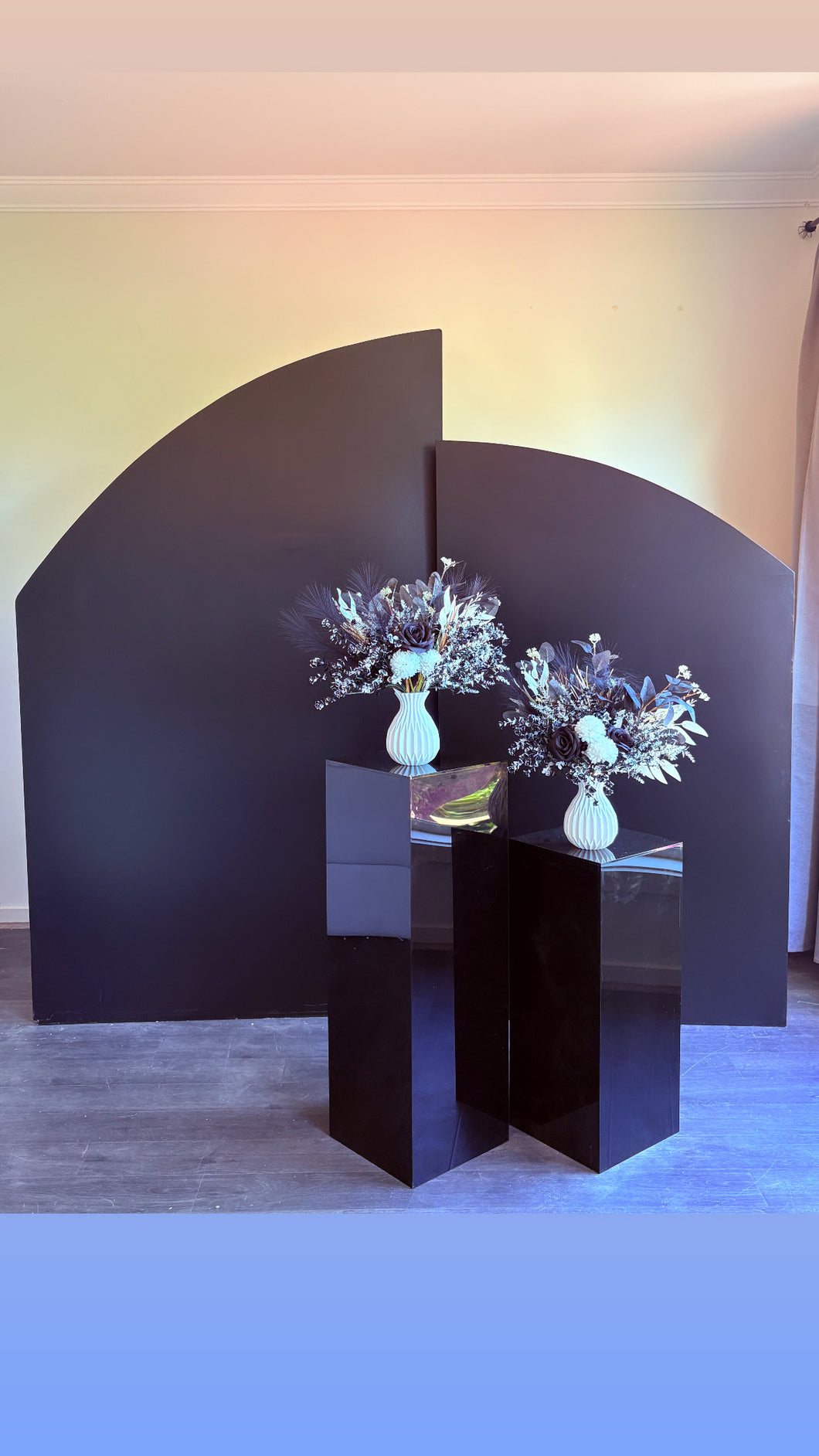 2 wooden backdrops size 2m Hx 1.2m W & 1.6m H x 1m W (no plinth, flowers)