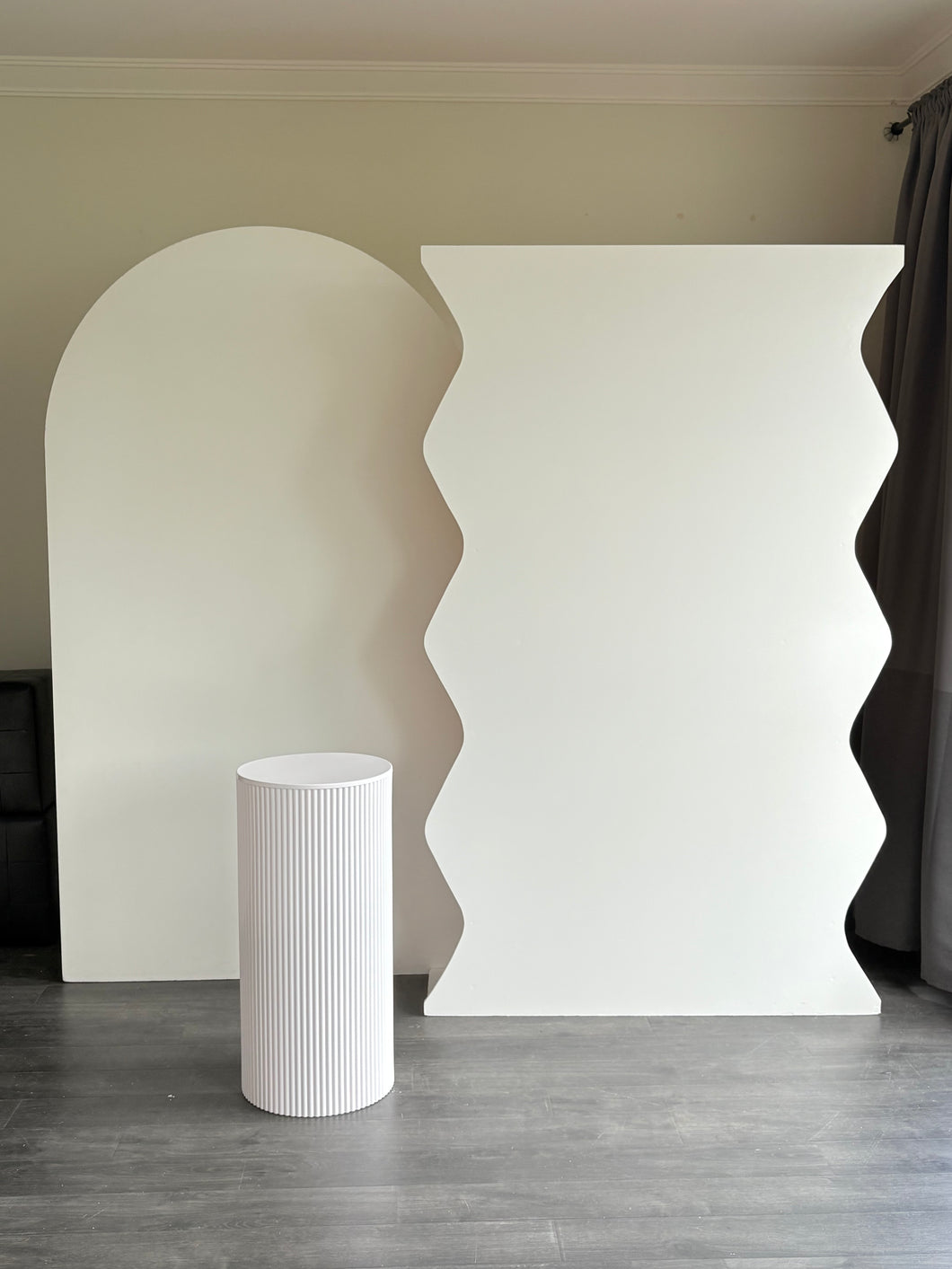 Package Hire includes 2 MDF Wooden backdrops 2.15-2m H x 1.2m W each + 1 ripple plinth