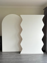 Load image into Gallery viewer, Package Hire includes 2 MDF Wooden backdrops 2.15-2m H x 1.2m W each + 1 ripple plinth
