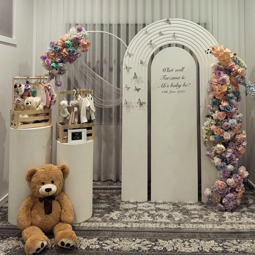 Package Hire includes Wooden backdrops 2.15mH x 1.2mW  +2 flowers +2 plinths +1 frame + Teddy Bear