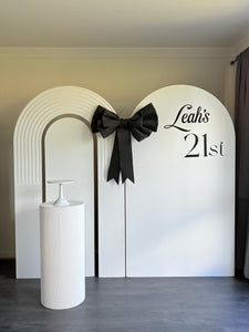 2 MDF Wooden backdrops + Ripple plinth + Bow, 2.15m H x 1.2m W each