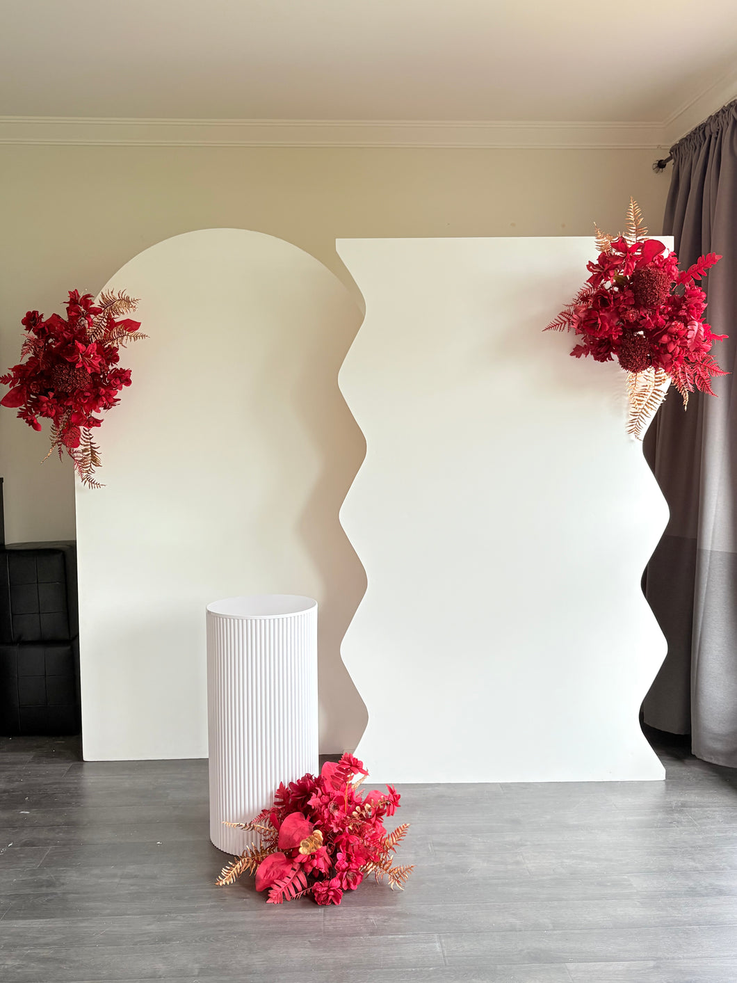 Package Hire includes 2 MDF Wooden backdrops 2.15-2m H x 1.2m W each +3 flowers +1 plinth