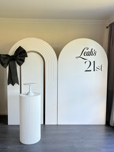 2 MDF Wooden backdrops + Ripple plinth + Bow, 2.15m H x 1.2m W each