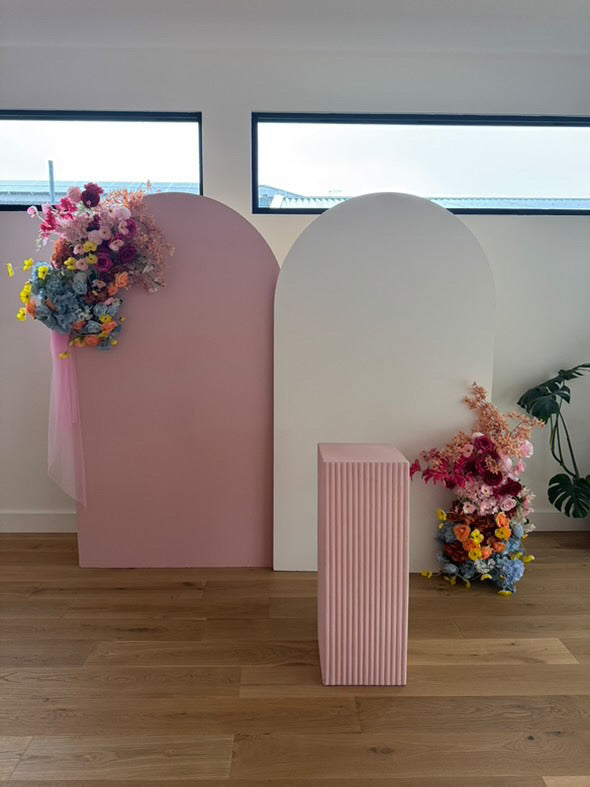 Package Hire includes 2 MDF Wooden backdrops 2.15mH x 1.2mW each + 1 plinth + 2 flowers