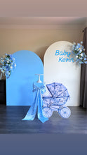 Load image into Gallery viewer, Package Hire includes 2 backdrops 2.15m-1.8m H x 1.2mW each + 1 plinth + 2 flowers +1bow +1 stroller foam board
